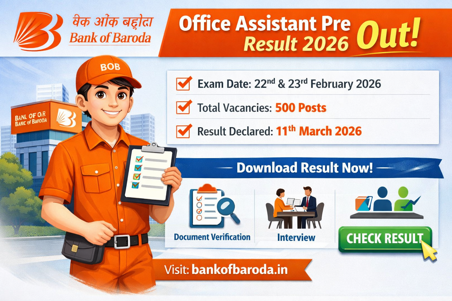 Bank of Baroda Office Assistant Pre Result 2026 Out