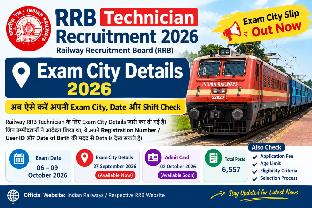 RRB Technician Exam City Details 2026