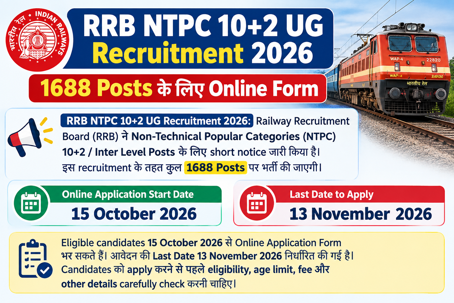 RRB NTPC 10+2 UG Recruitment 2026: 1688 Posts के लिए Online Form